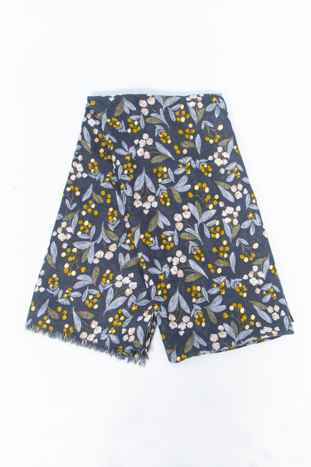 showing the scarf folded, the grey floral and gold foil pattern is shown to cover the full design