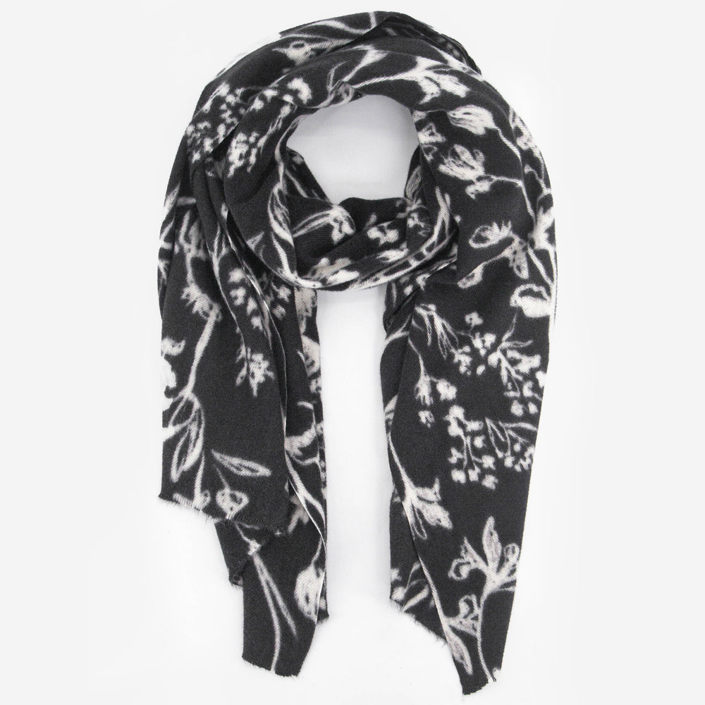 black midweight winter scarf with a white vintage floral pattern all over