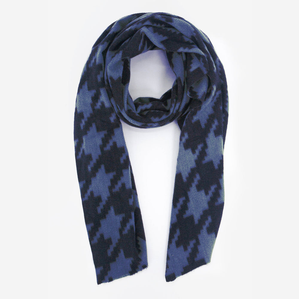 midweight winter scarf in blue and black in a bold large houndstooth pattern