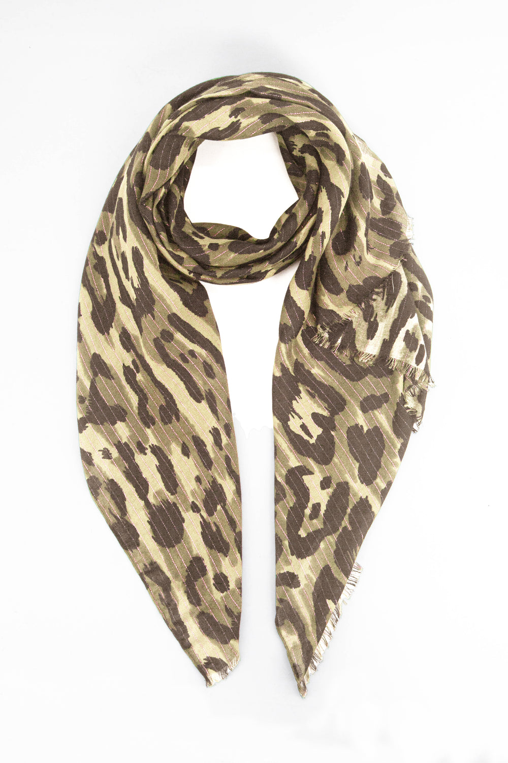 cream neutral leopard print scarf with a subtle gold metallic pinstripe woven into the design