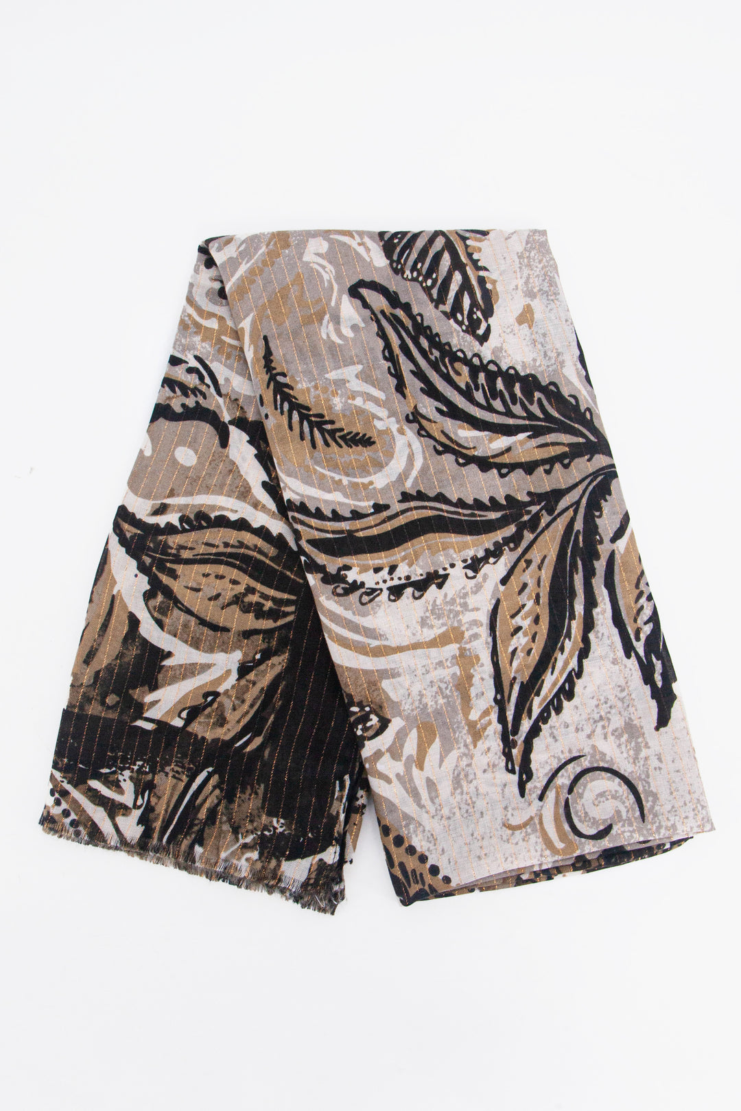showing the scarf folded, the neutral paisley floral pattern is shown to be bold and the metallic gold stripe is subtle.