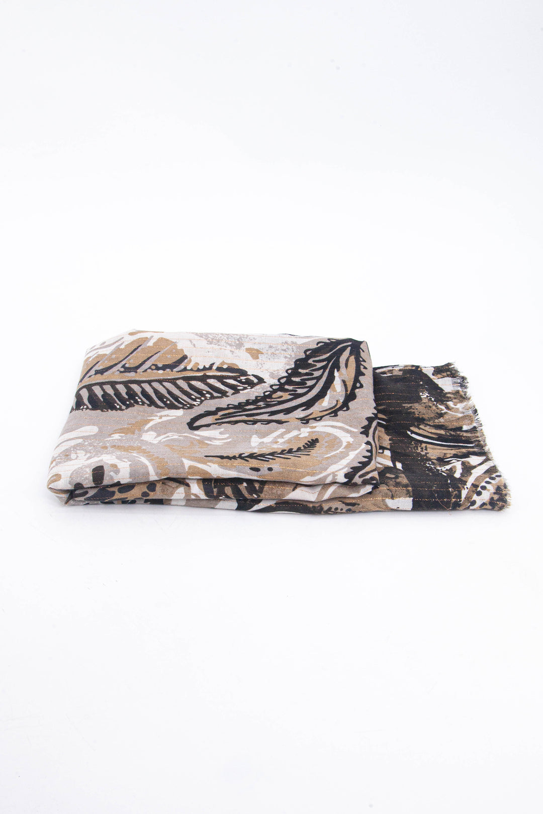 side view of the scarf when folded, showing the texture and thickness of the material. this scarf is lightweight
