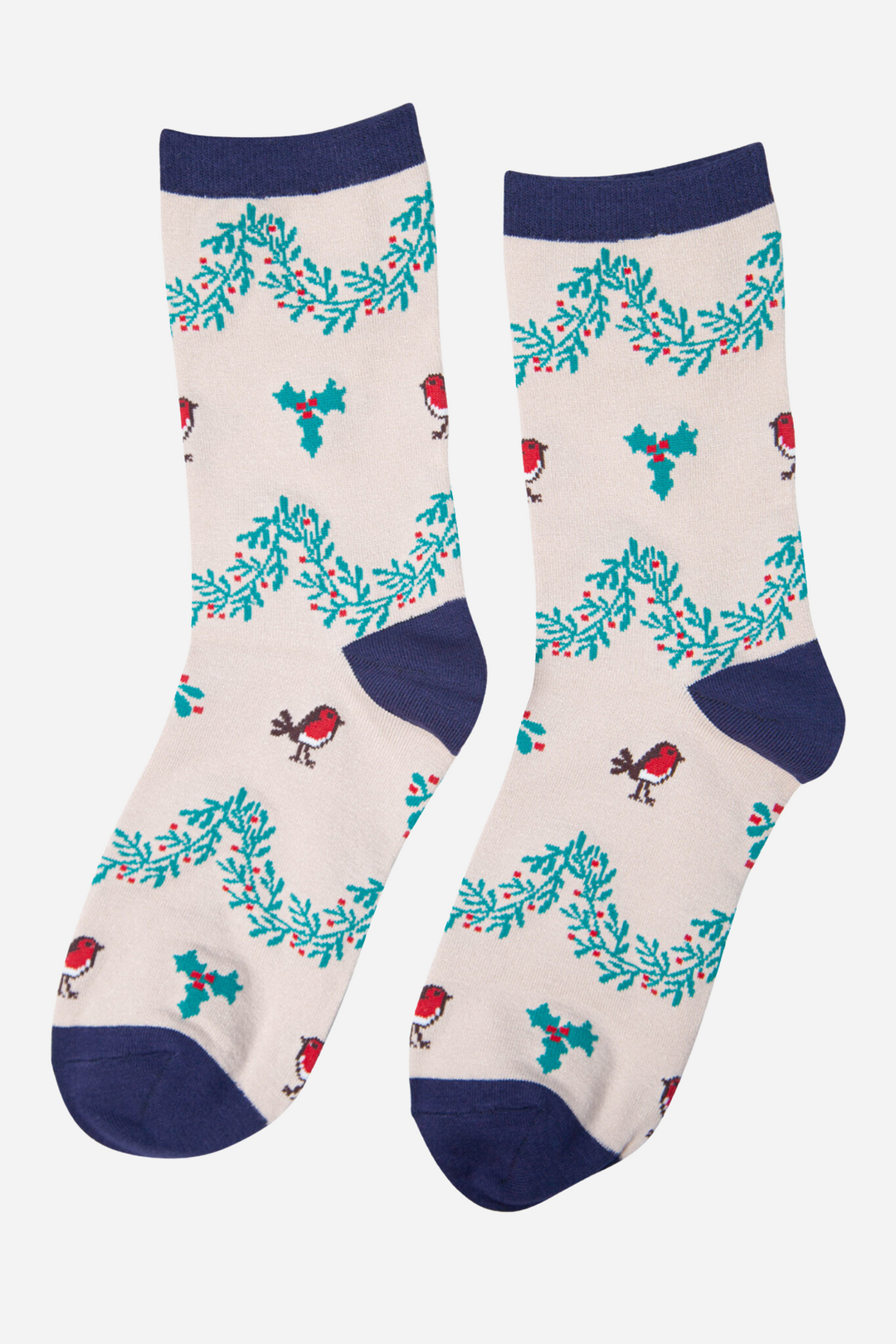 cream bamboo socks featuring red robins and holly