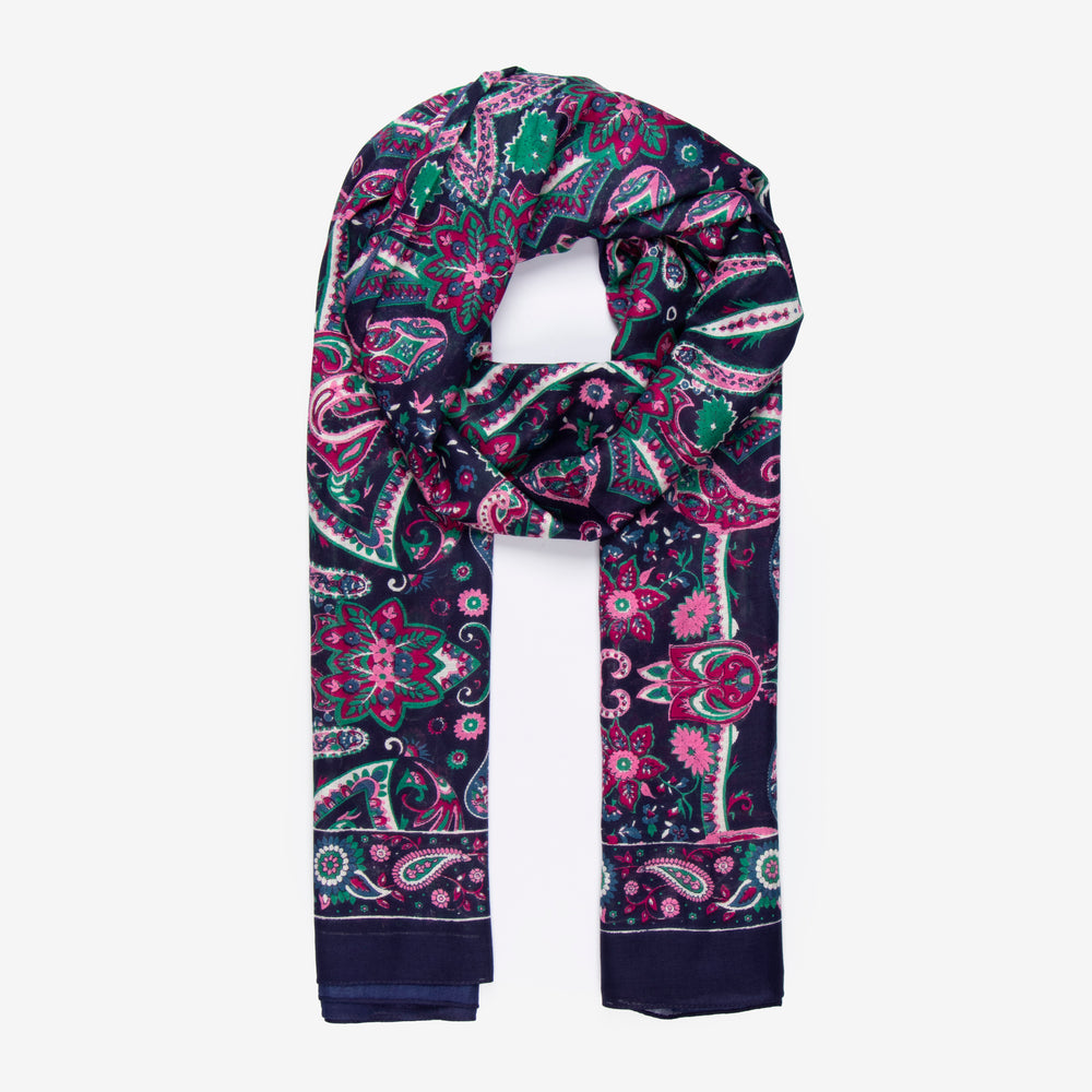 navy blue scarf with a vibrant fuchsia pink mosaic style paisley floral print pattern all over, the scarf has a plain navy blue bordered edge