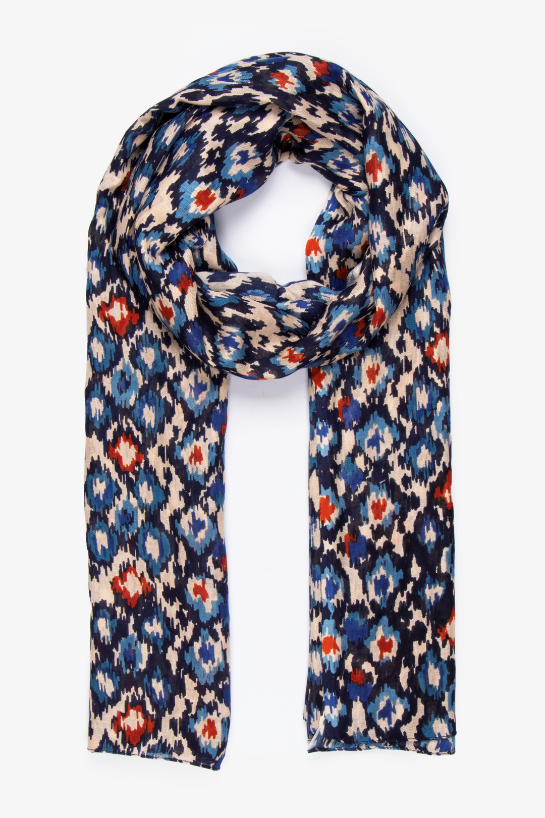 blue and orange abstract spot print lightweight scarf