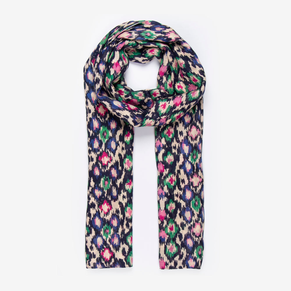 blue, pink and green abstract spot print lightweight scarf
