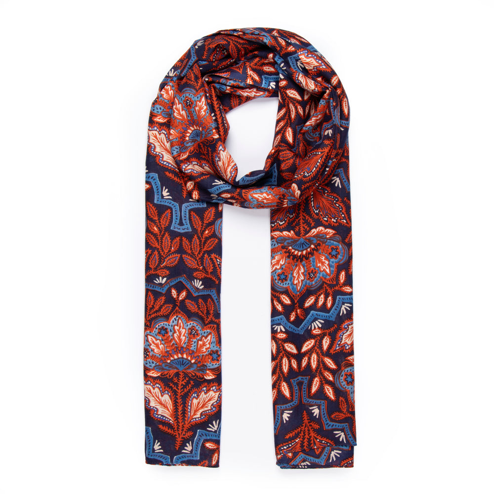 coral and navy blue mosaic style floral pattern lightweight scarf
