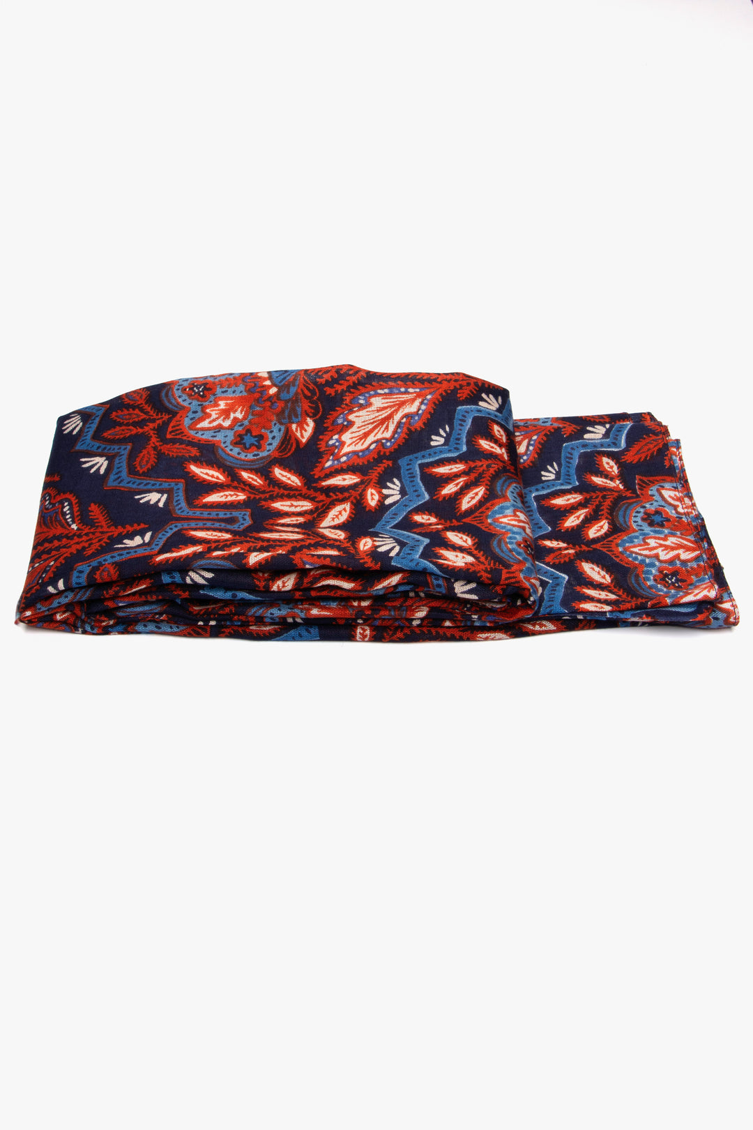 side view of the scarf when folded, showing the texture and thickness of the material. this scarf is lightweight