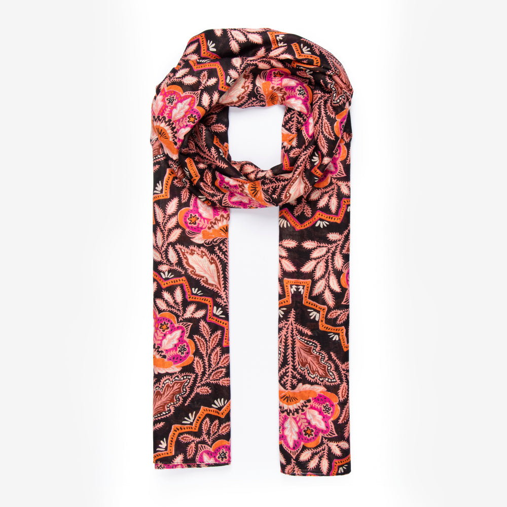 black, orange and pink mosaic style floral pattern lightweight scarf