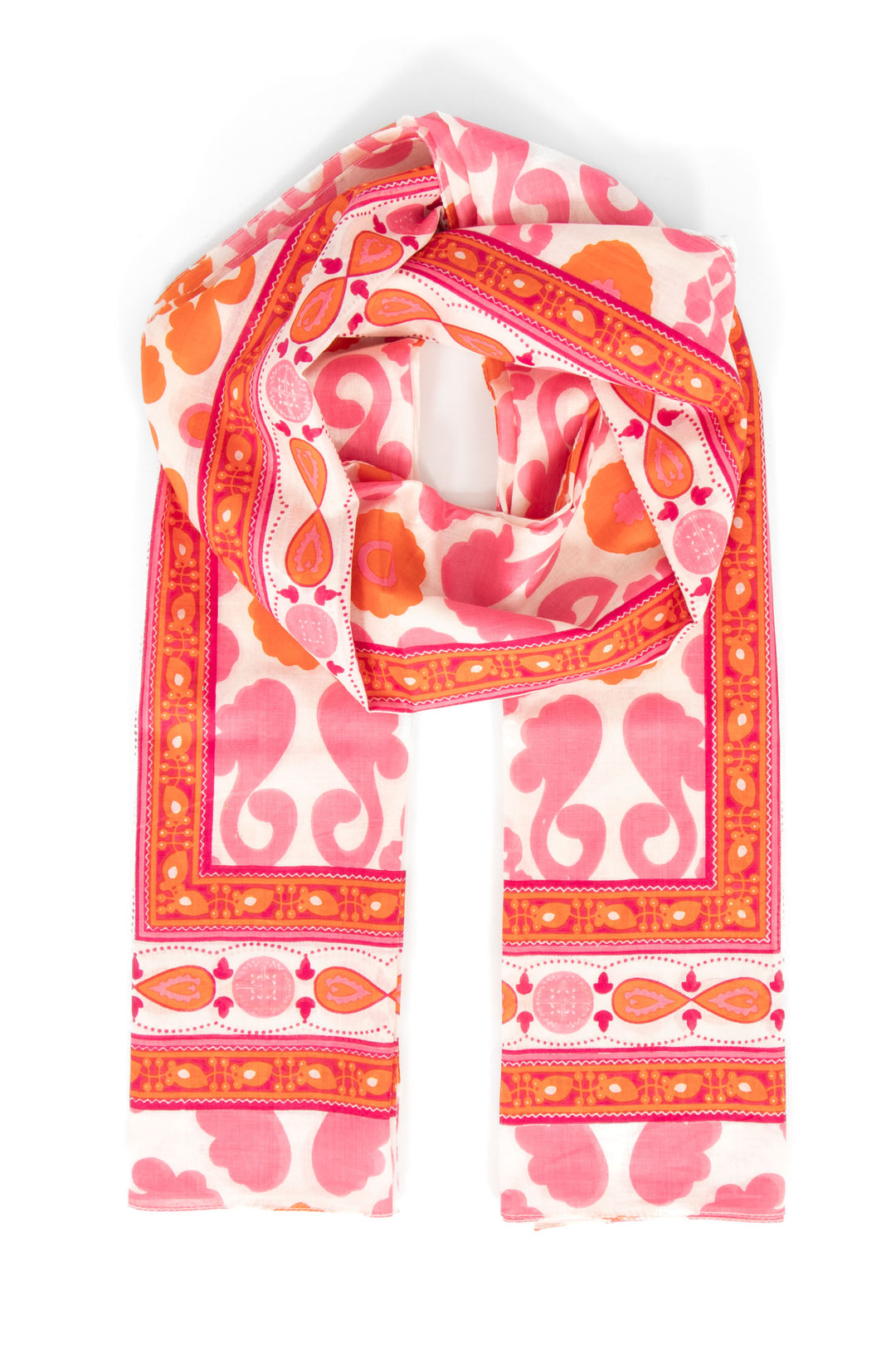 nala-lightweight-cotton-scarf-hot-pink-orange-mosaic-print-pattern-bordered