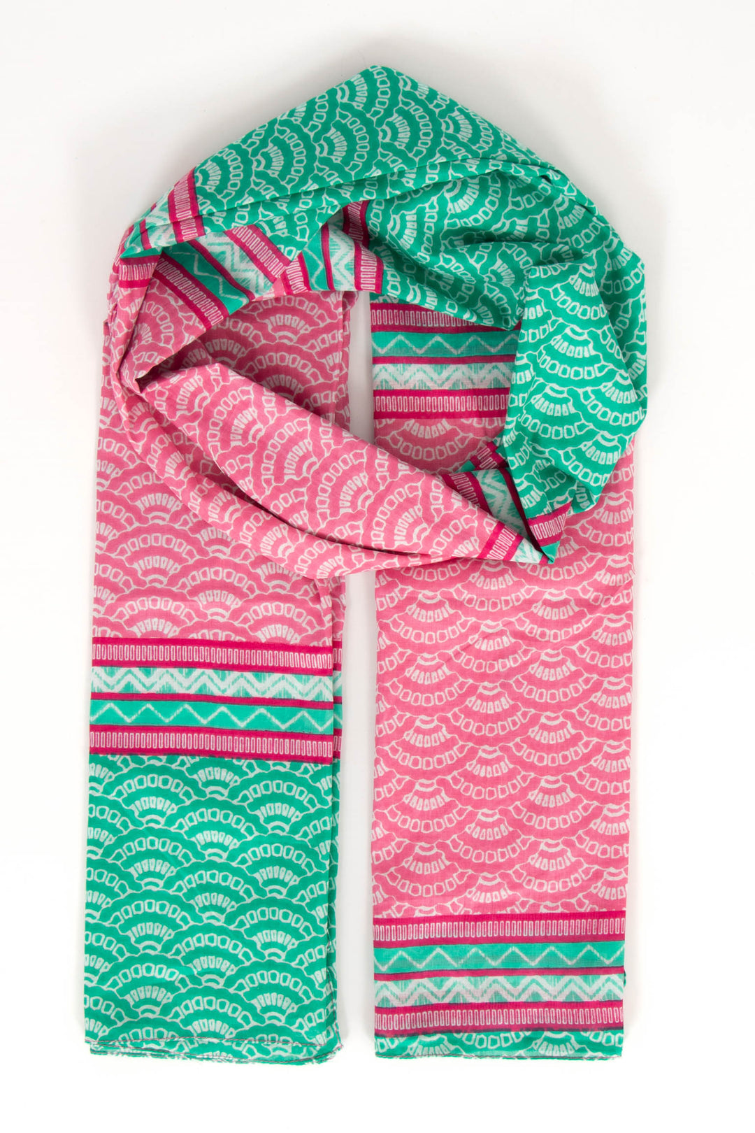 kaia-lightweight-cotton-scarf-green-pink-fan-print-colour-block-pattern-covers-design-stripes
