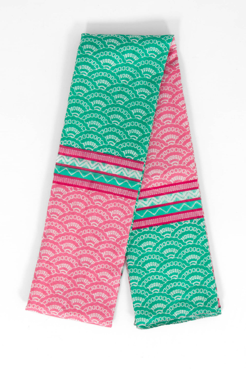 kaia-lightweight-cotton-scarf-green-pink-fan-print-colour-block-folded