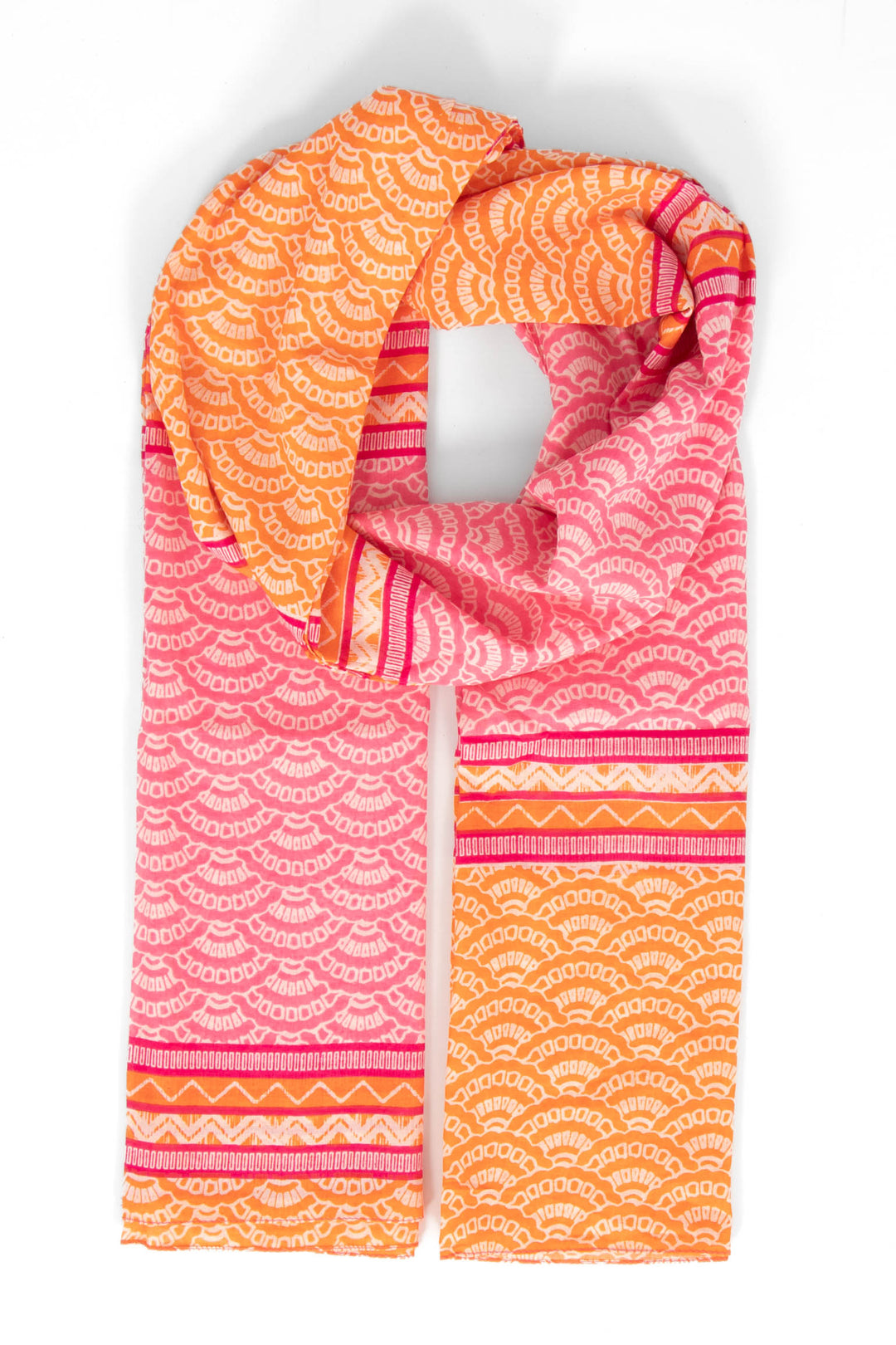 kaia-lightweight-cotton-scarf-hot-pink-orange-fan-print-colour-block-pattern-covers-design-stripes