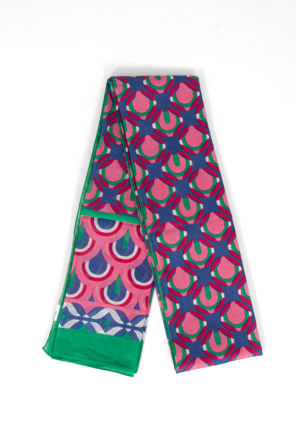 dahlia-lightweight-cotton-scarf-green-pink-retro-geometric-print-folded-bold-pattern-bordered