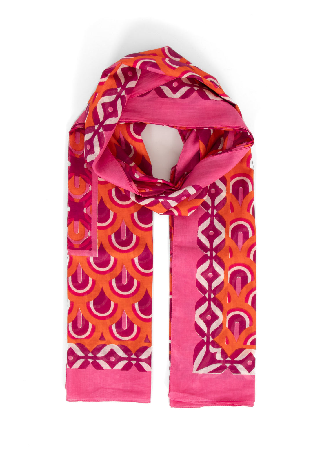 dahlia-lightweight-cotton-scarf-hot-pink-orange-retro-geometric-print-bordered-vintage-pattern