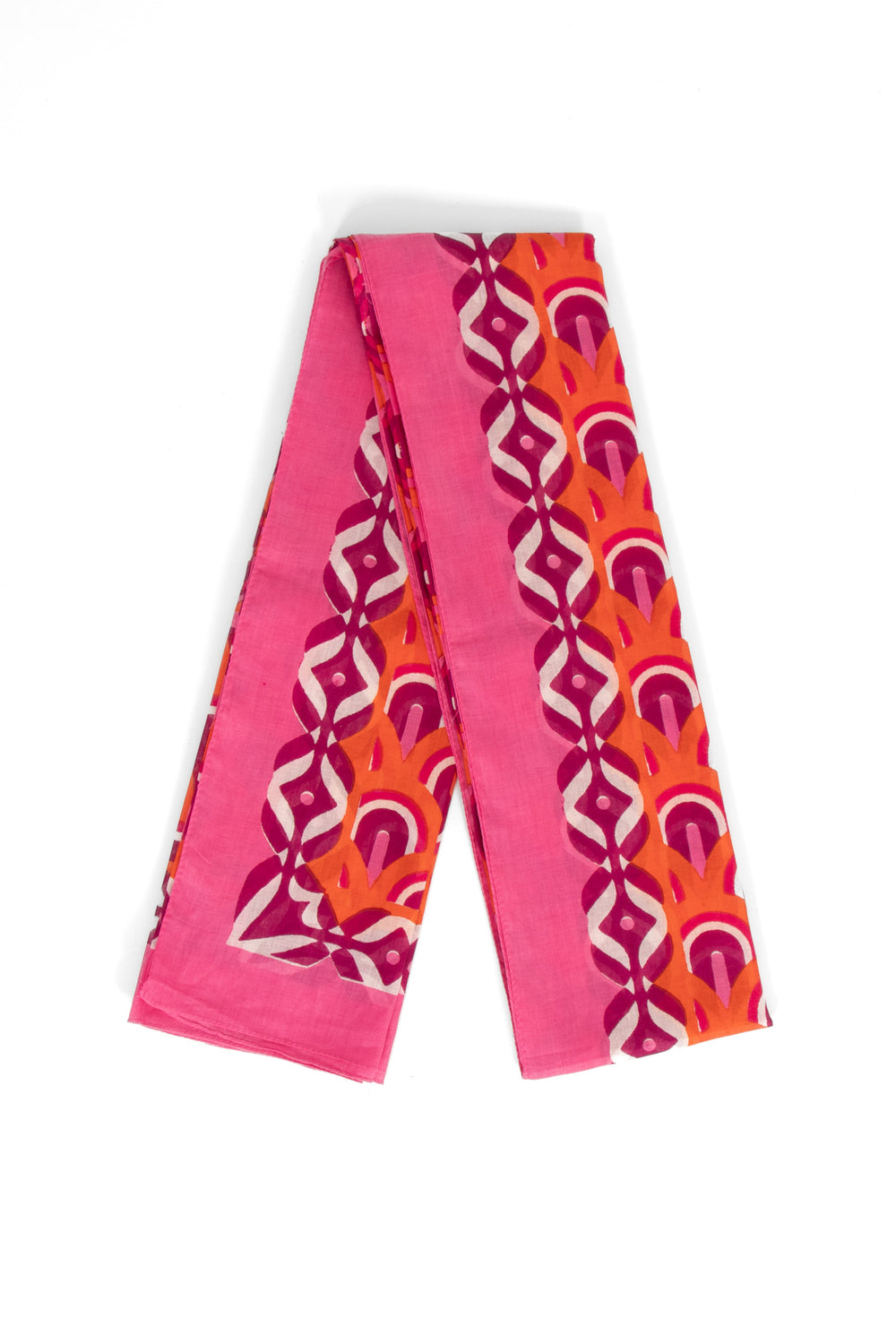 dahlia-lightweight-cotton-scarf-hot-pink-orange-retro-geometric-print-folded-plain-border