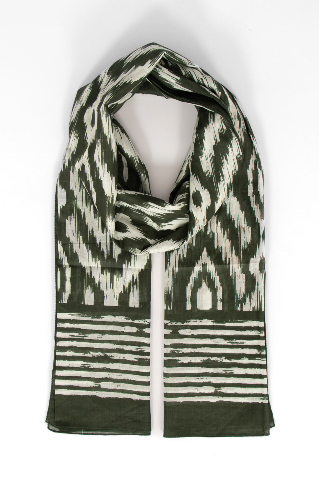 khaki green cotton lightweight aztec scarf. the scarf has an all over pattern and a large bordered edge.