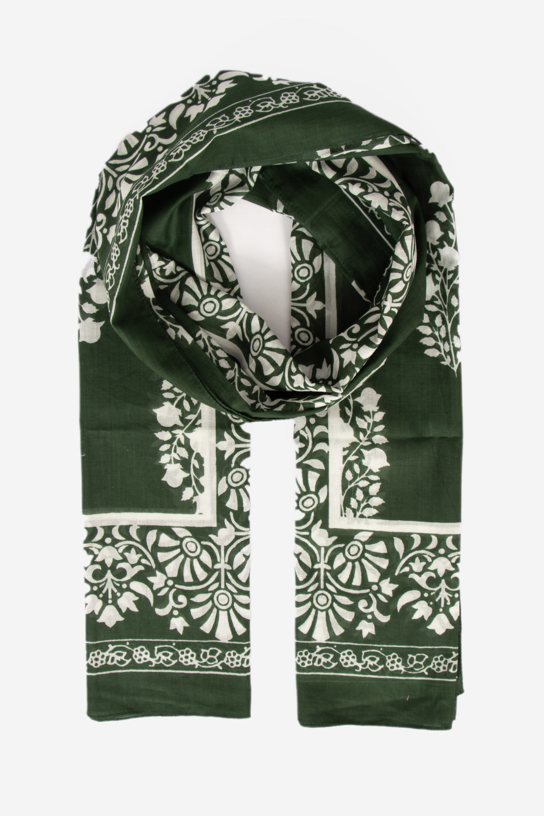 rue-lightweight-cotton-scarf-khaki-leaf-print-bordered-pattern