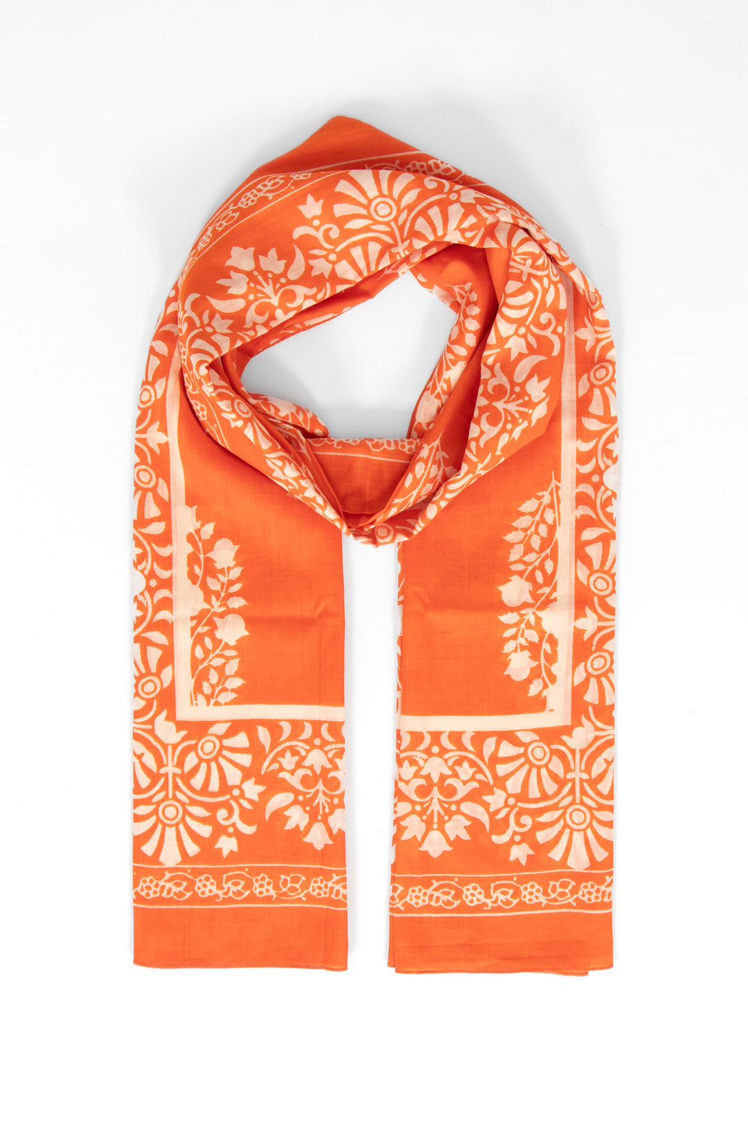 rue-lightweight-cotton-scarf-orange-leaf-print-bordered-ornate-leaves-flowers