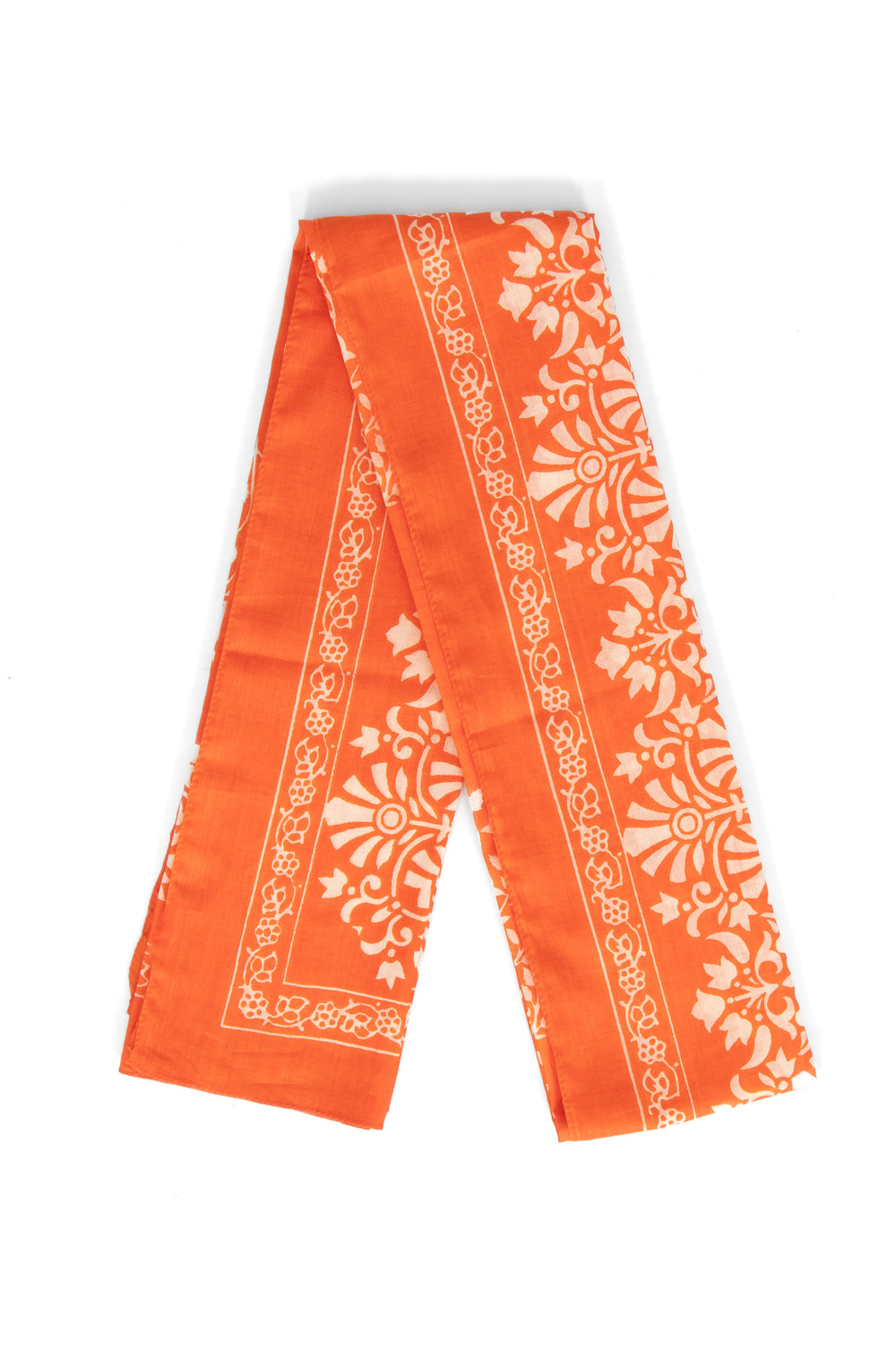 rue-lightweight-cotton-scarf-orange-leaf-print-folded-border-pattern