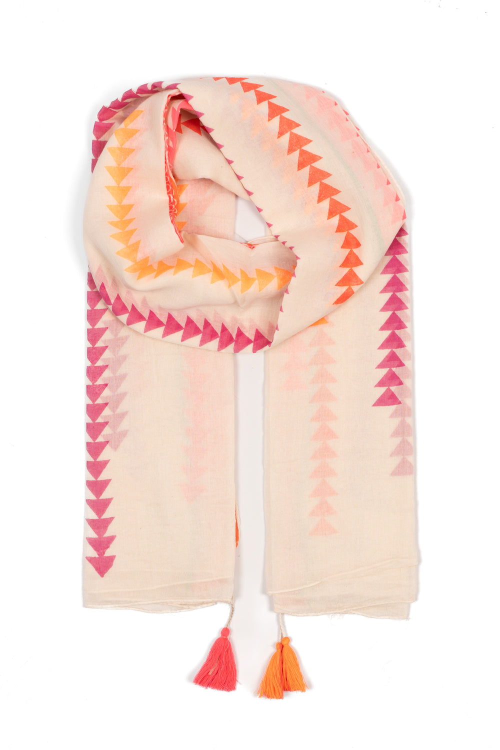 deva-lightweight-cotton-scarf-pink-arrow-print-coral-yellow-tassels