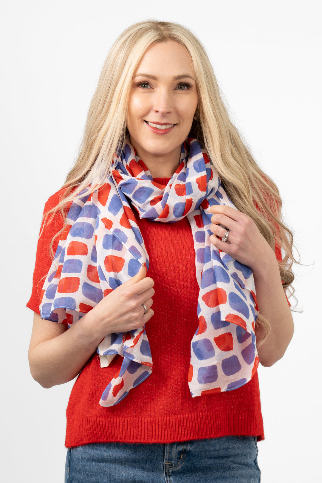 inaya-lightweight-cotton-scarf-blue-red-tile-print-on-model