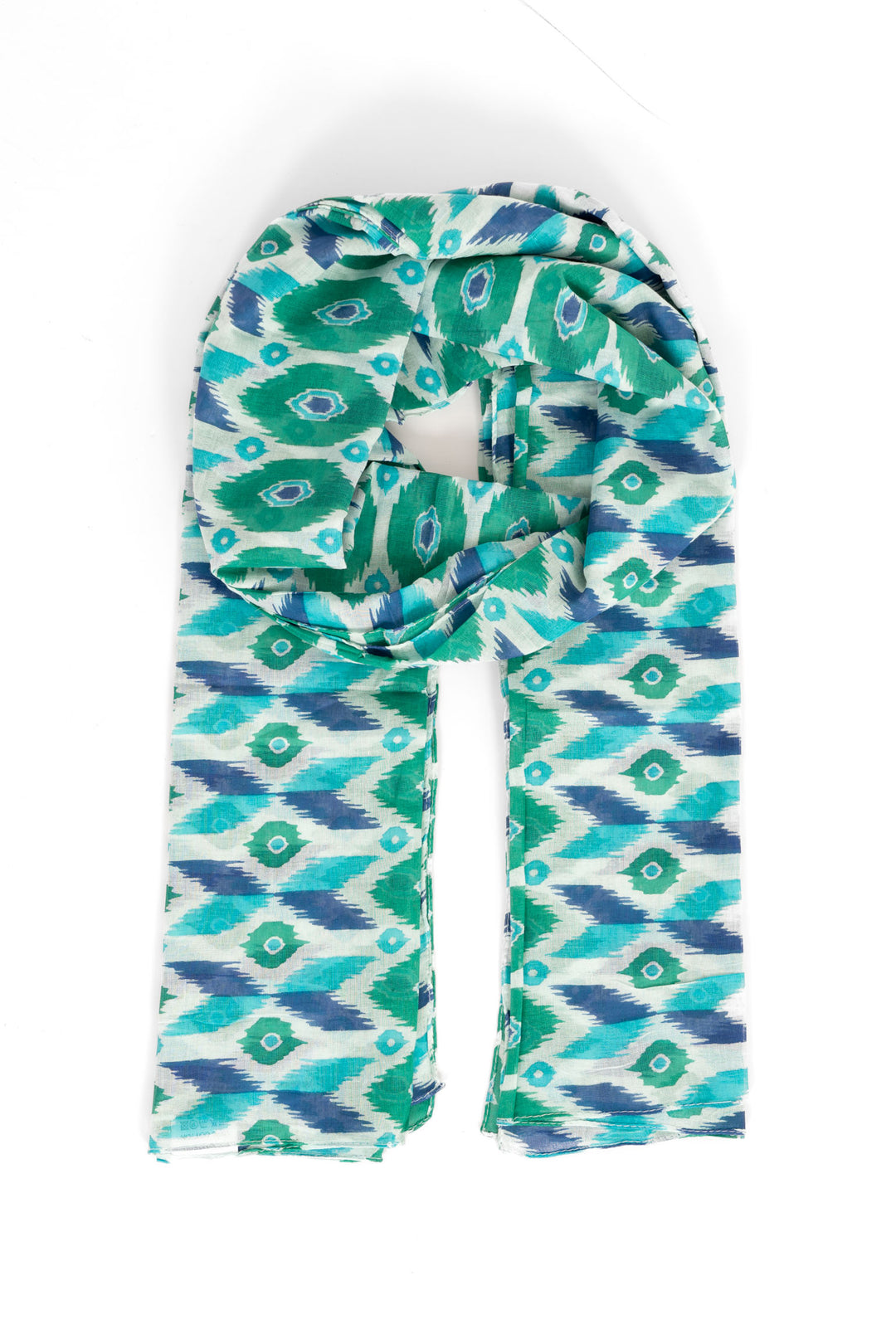 ayla-lightweight-cotton-scarf-blue-green-ikat-print-laying-flat