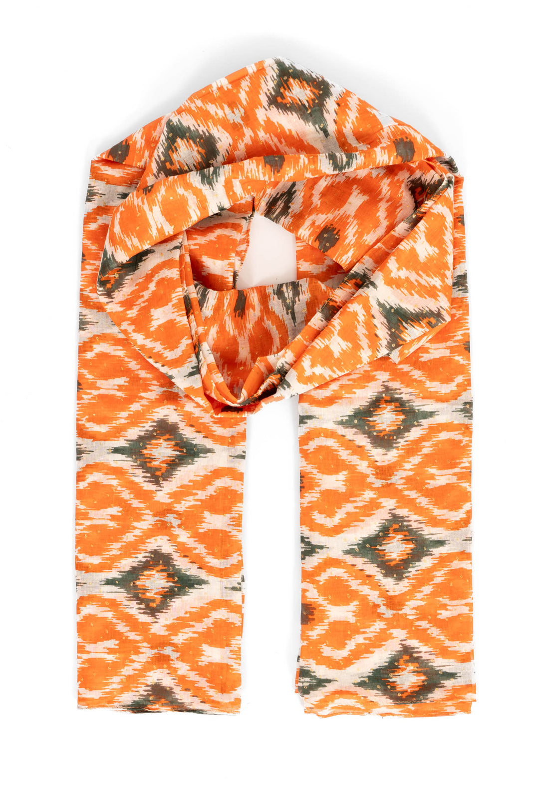 rani-lightweight-scarf-orange-khaki-aztec-print-contasting-ornate-pattern