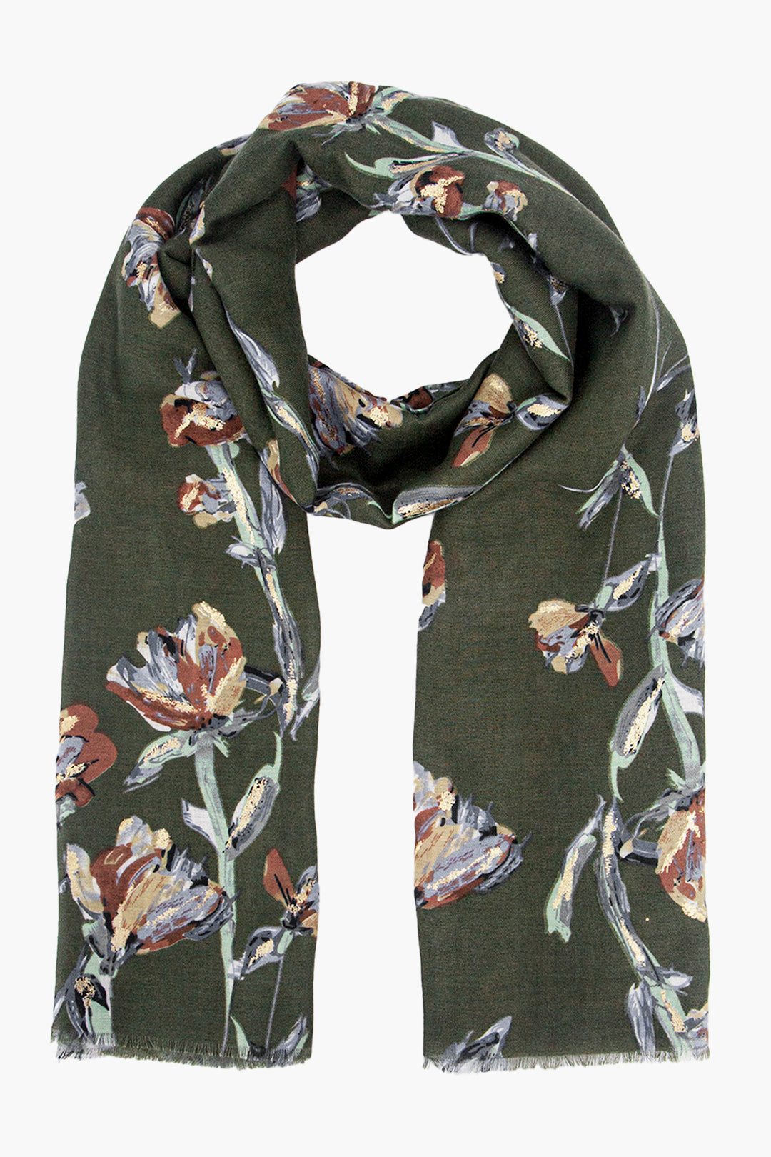 vaeda-khaki-floral-lightweight-scarf-gold-foil