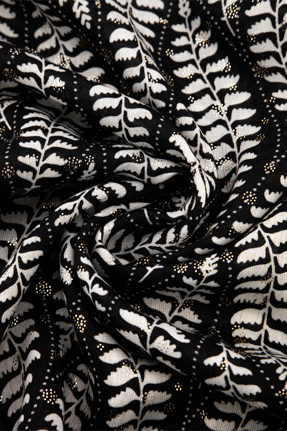 clover-black-fern-leaf-lightweight-scarf-close-up-gold-foil-accents