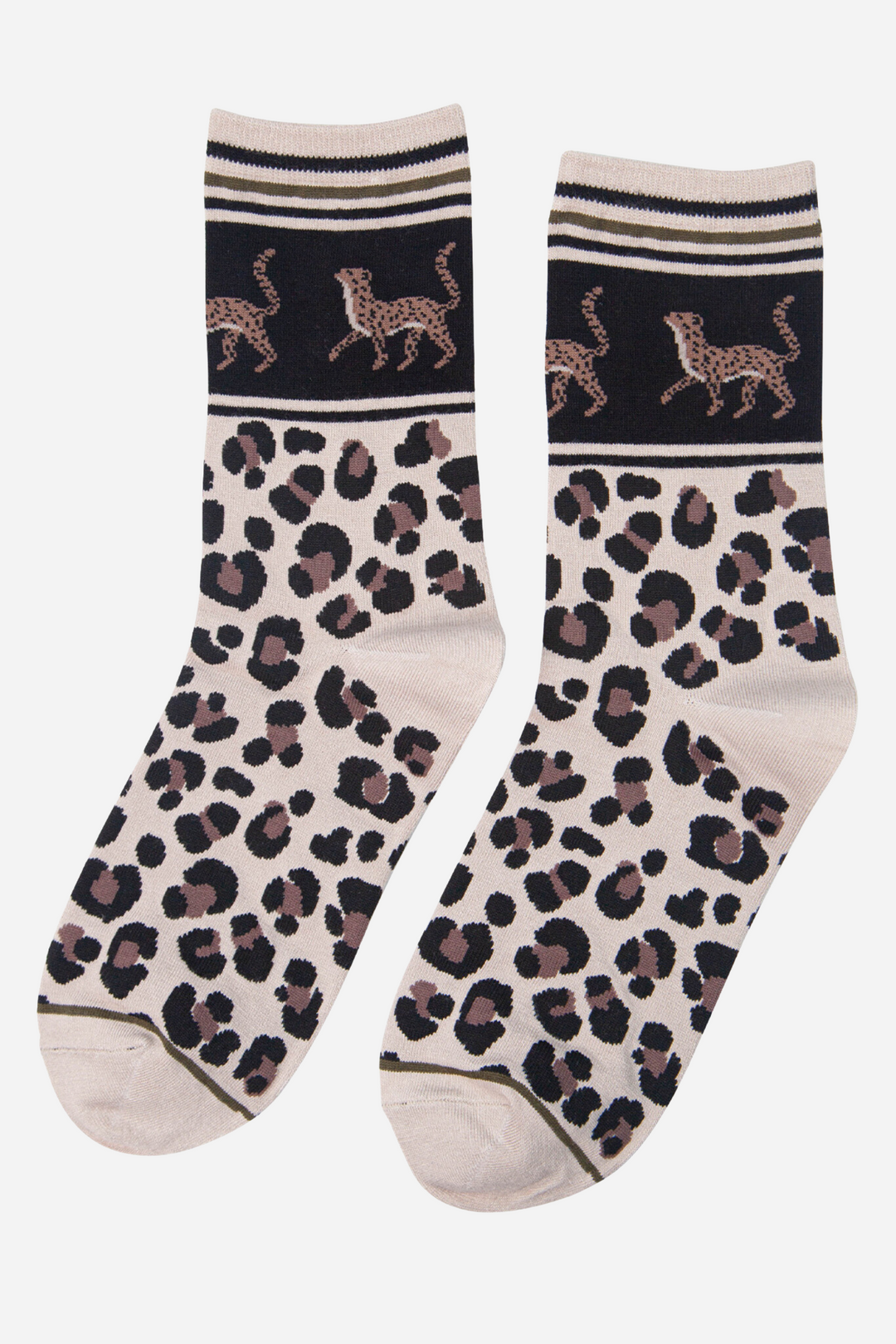 close up of the cheetah leopard socks, showing the cheetah cats on the ankle and contrasting leopard print design