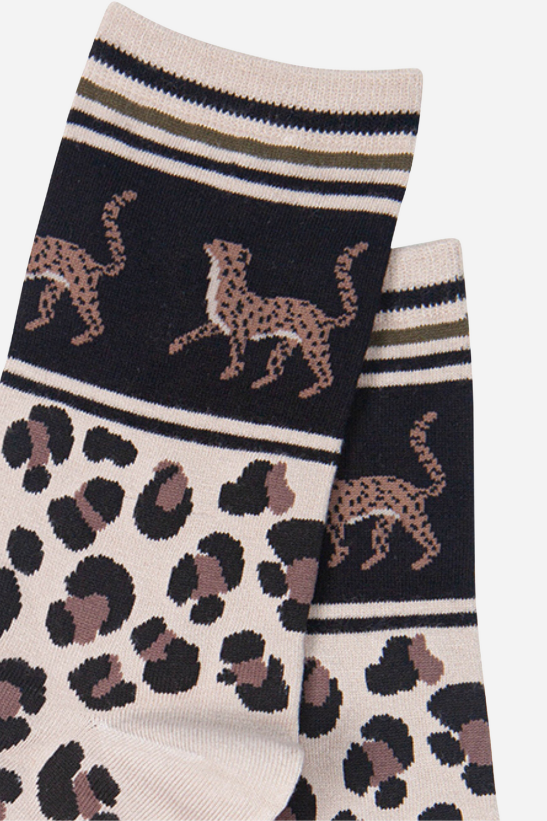 close up of the cheetah cats on the ankle of the socks