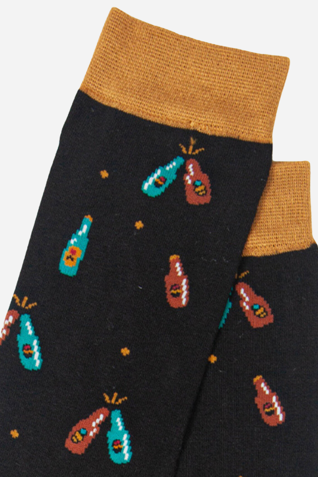 close up of the beer bottle pattern on the bamboo socks