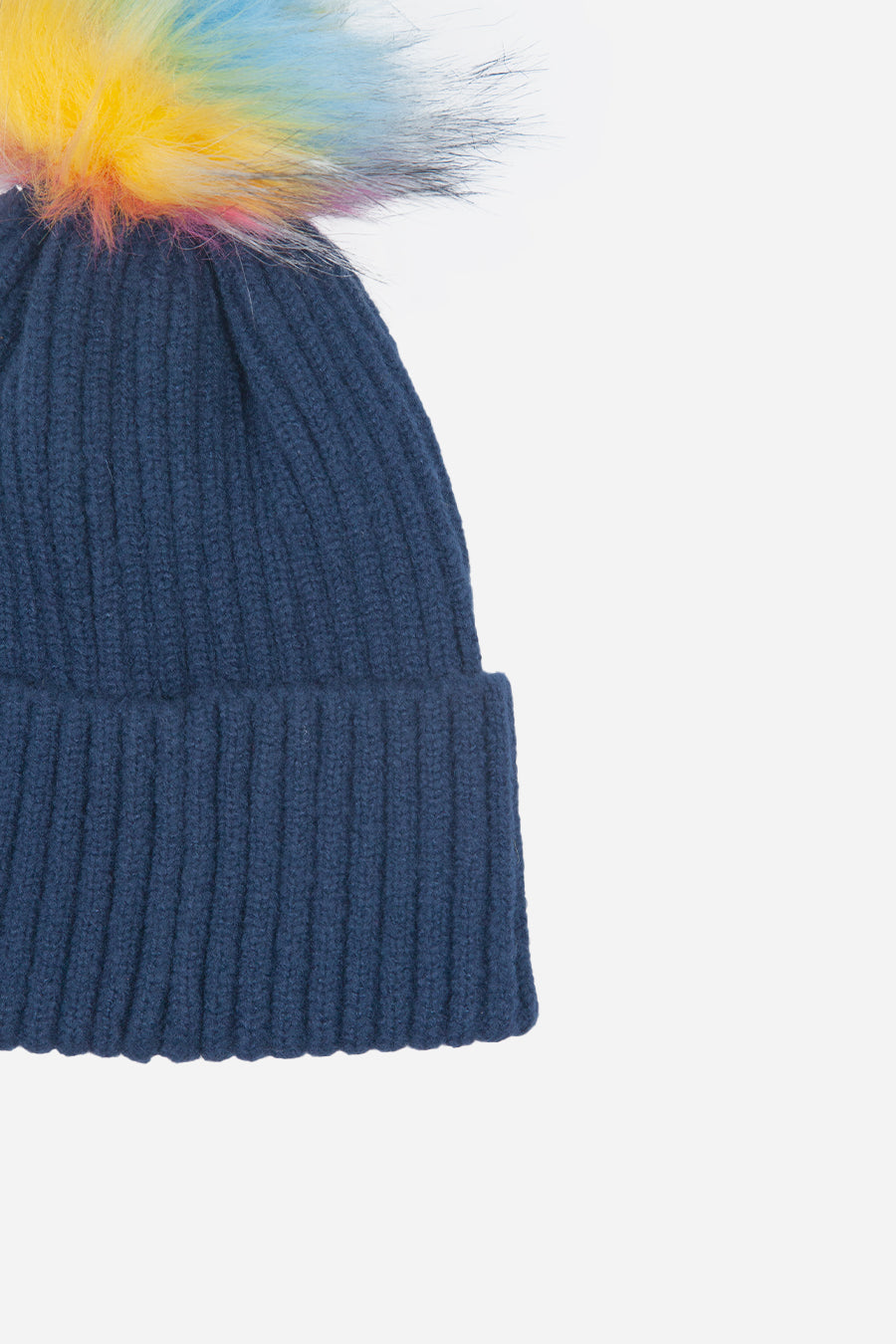 Navy Blue Knitted Hat with Bright Multi Coloured Removable Faux Fur Pom Pom