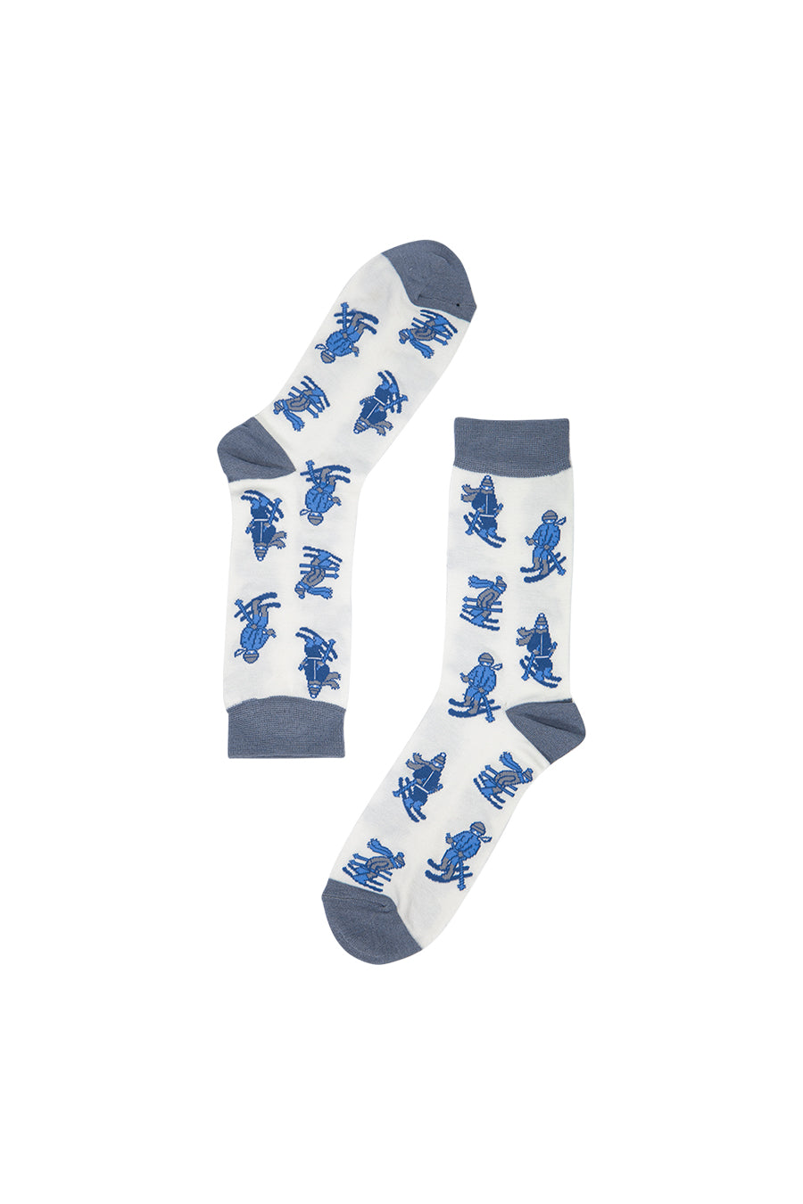 white socks with a pattern of skiers