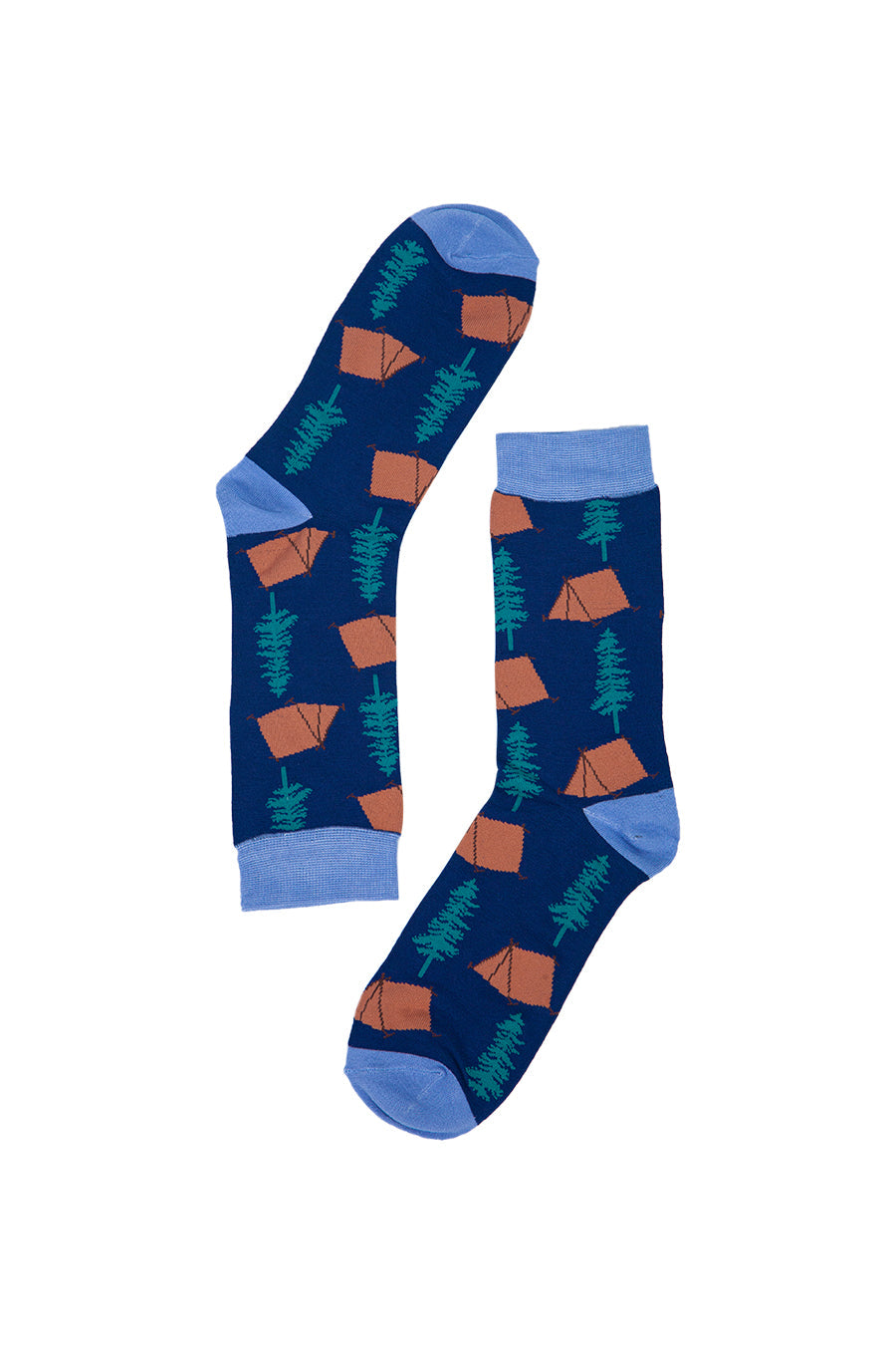 close up of the campsite pattern on the blue socks