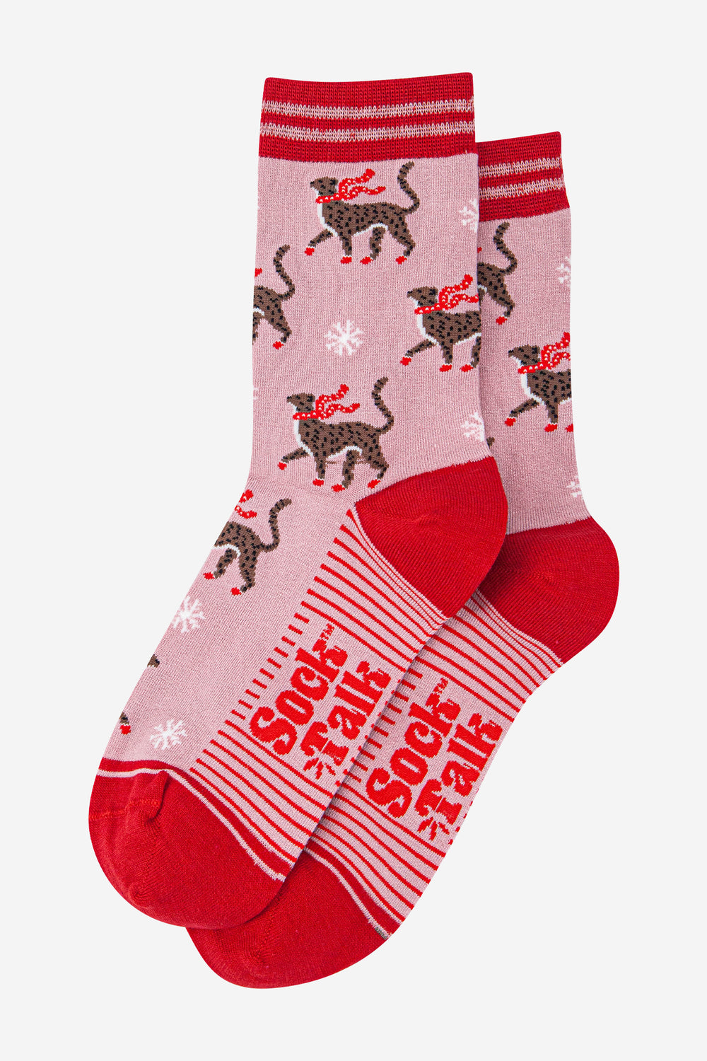 womens-bamboo-socks-pink-red-winter-cheetah-laying-flat