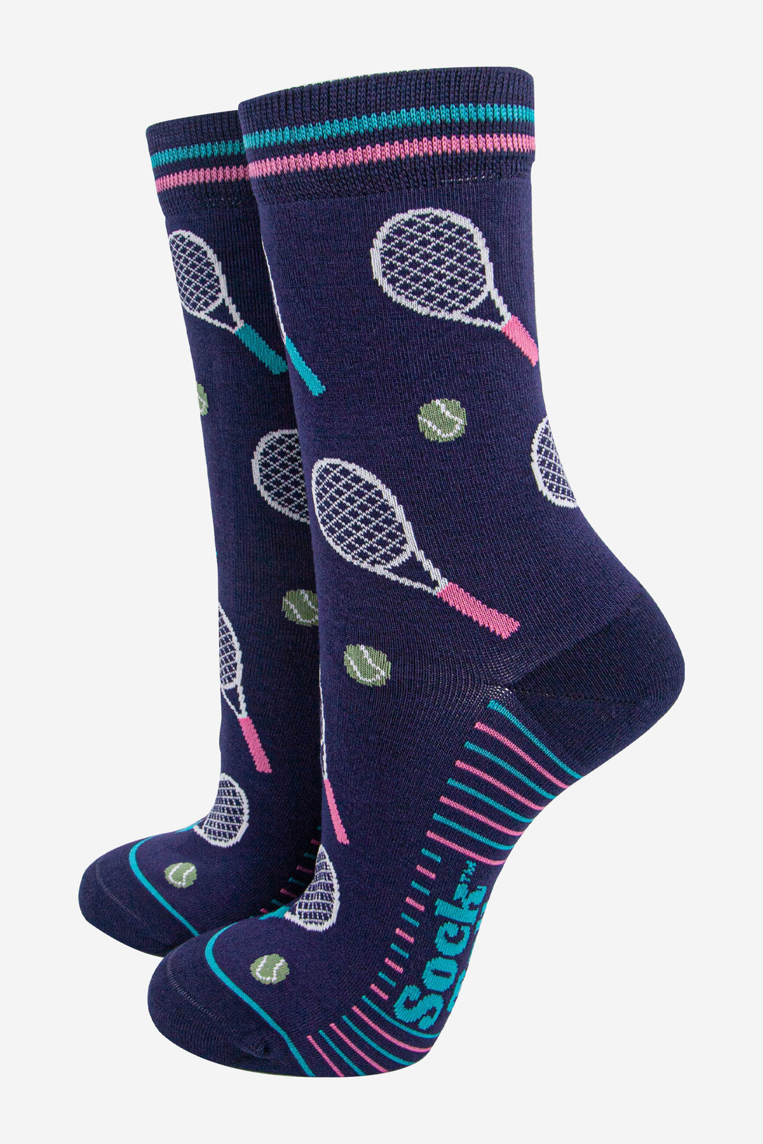 womens-bamboo-socks-navy-blue-tennis-raquets-sport