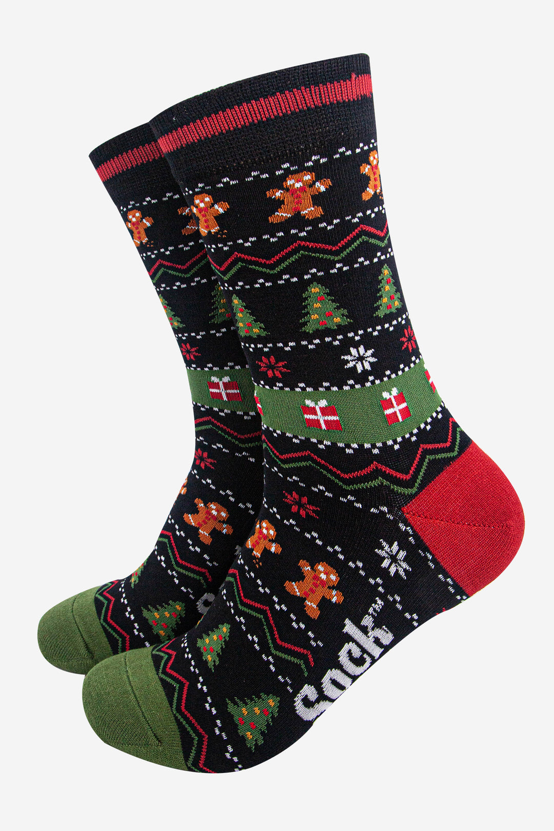 mens-bamboo-socks-black-khaki-gingerbread-fair-isle-christmas
