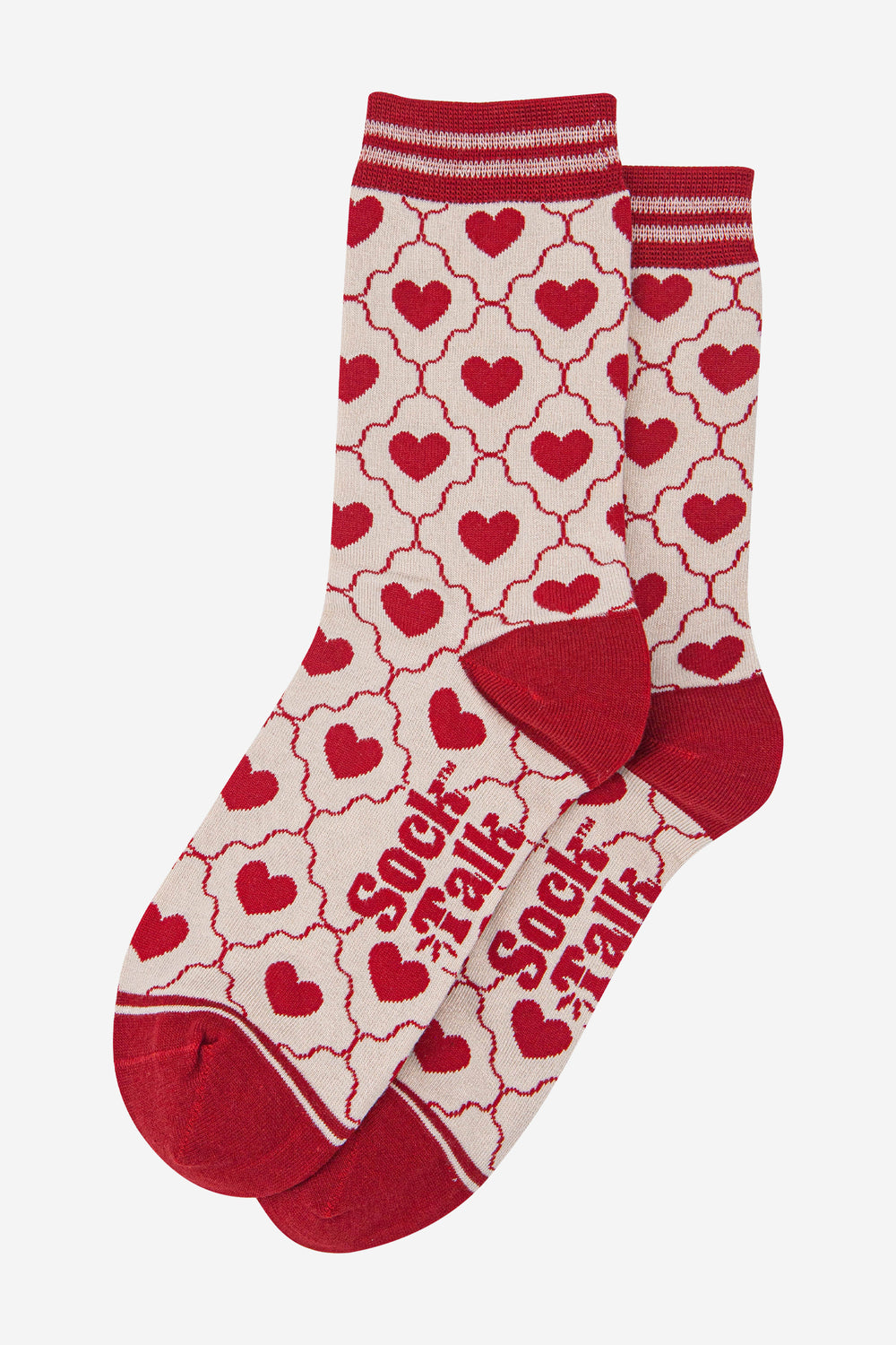 womens-bamboo-socks-cream-red-heart-ribbon-laying-flat