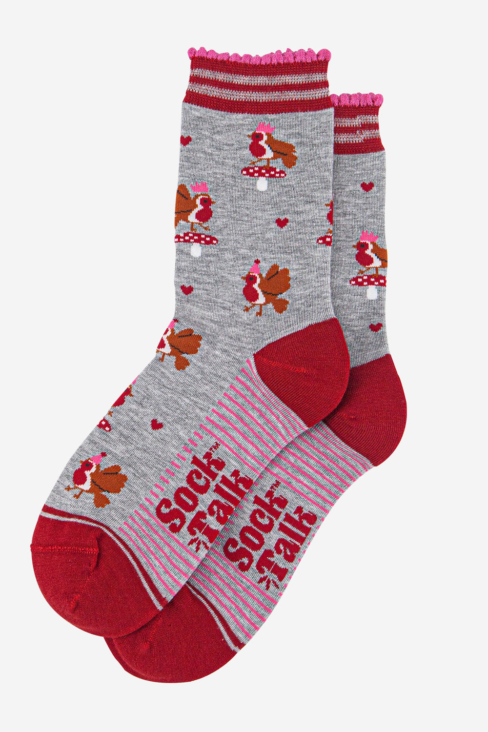 womens-bamboo-socks-light-grey-red-party-robins-laying-flat