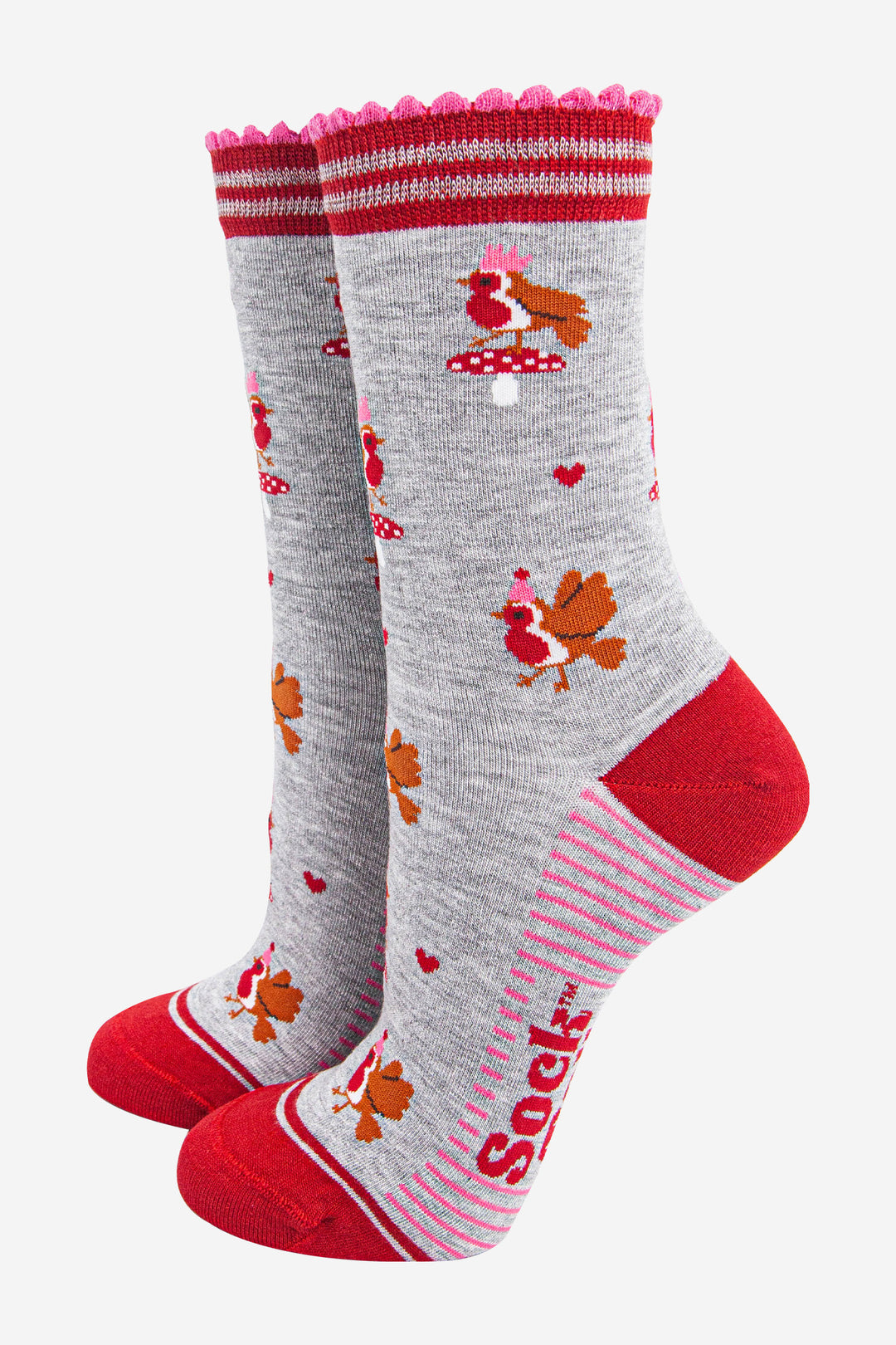womens-bamboo-socks-light-grey-red-party-robins-christmas