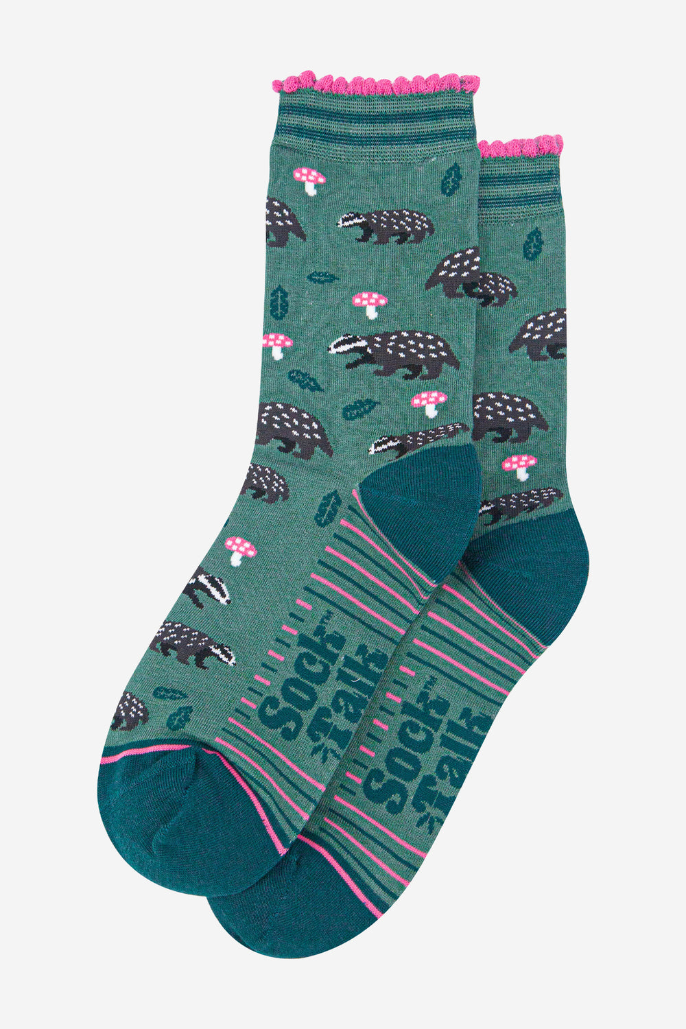 womens-bamboo-socks-sage-forest-green-badgers-and-toadstools-laying-flat