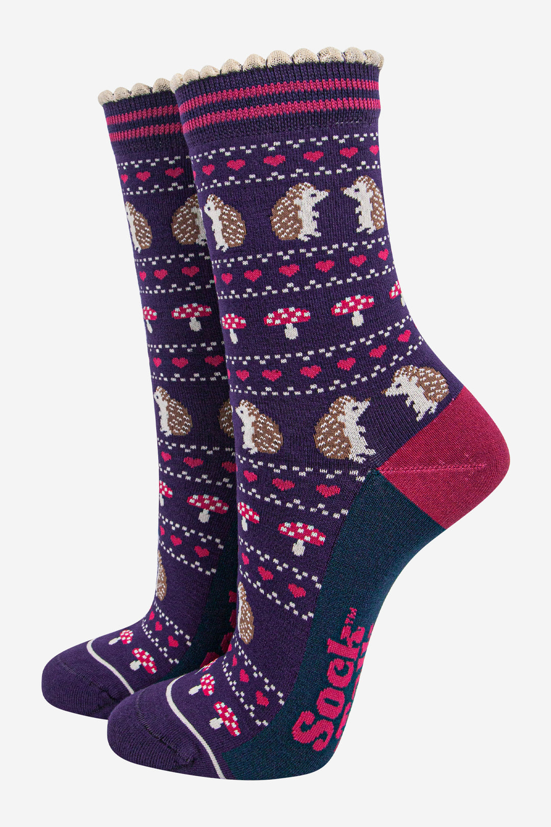 womens-bamboo-socks-navy-blue-hedgehog-toadstool-fair-isle-woodland-animals