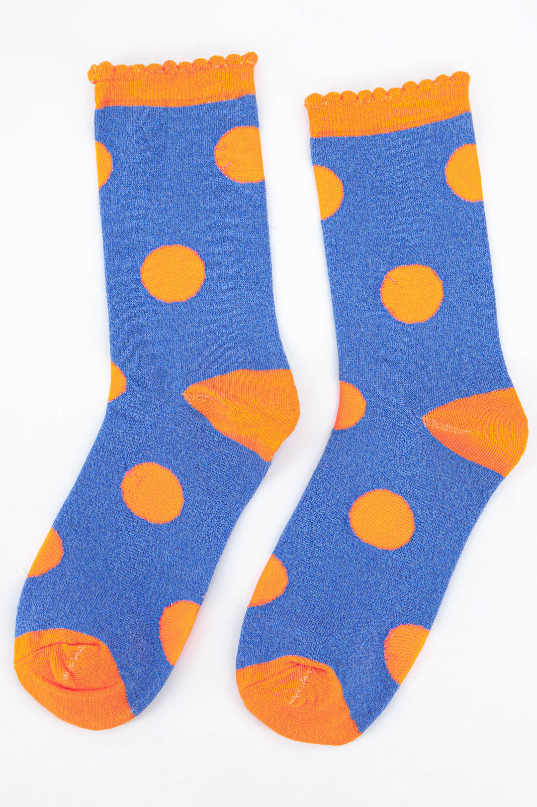 blue and orange spot pattern glitter ankle socks