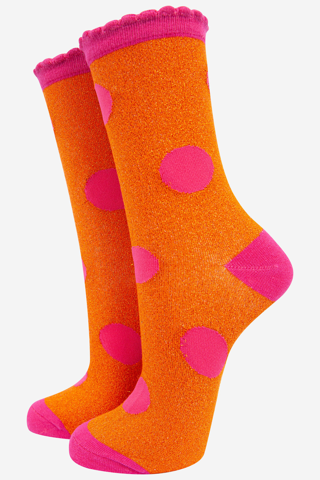 orange and pink polka dot glitter socks with pink scalloped top and an all over glitter sparkle