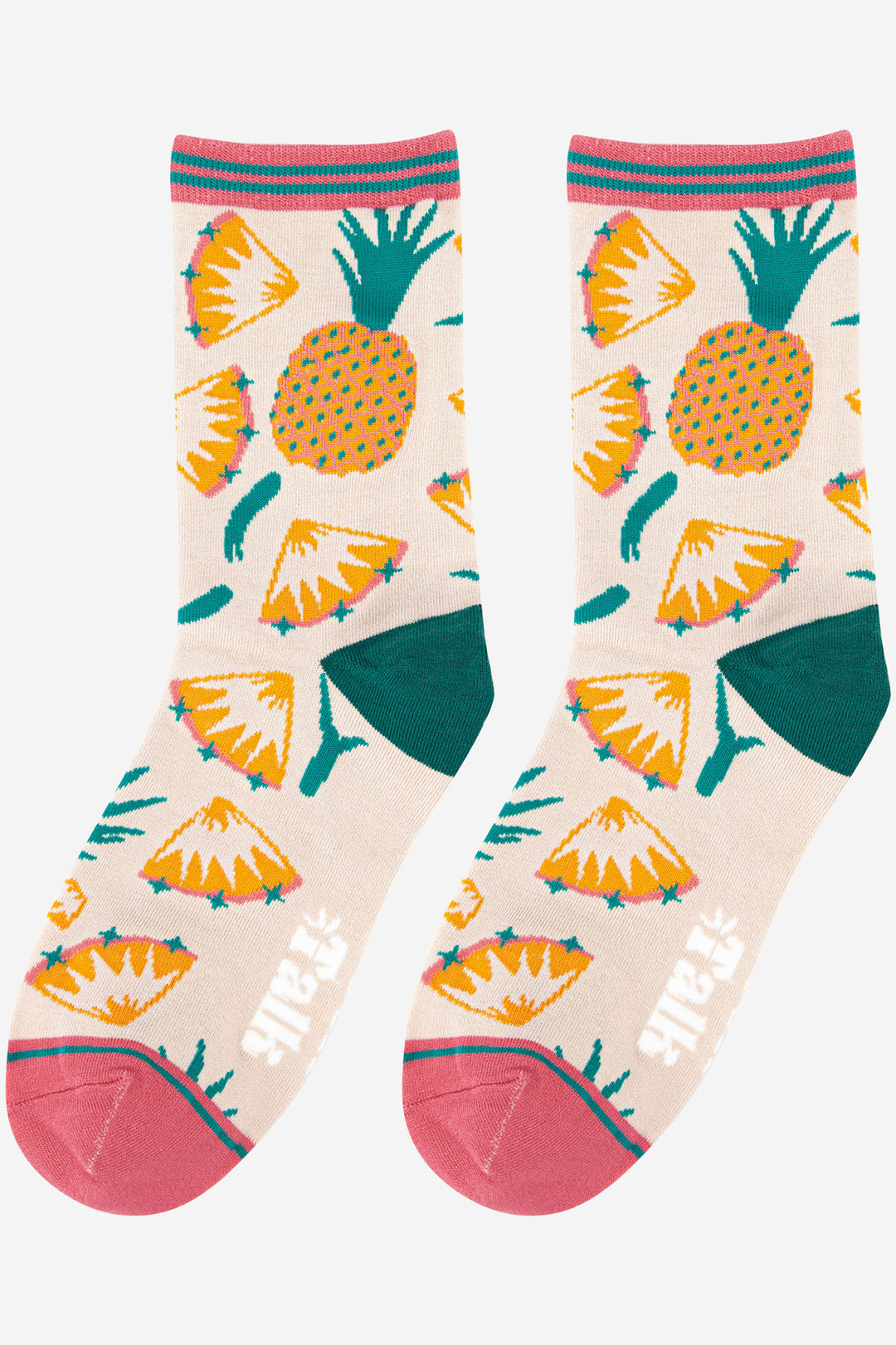 womens pineapple fruit socks in cream, pink and green