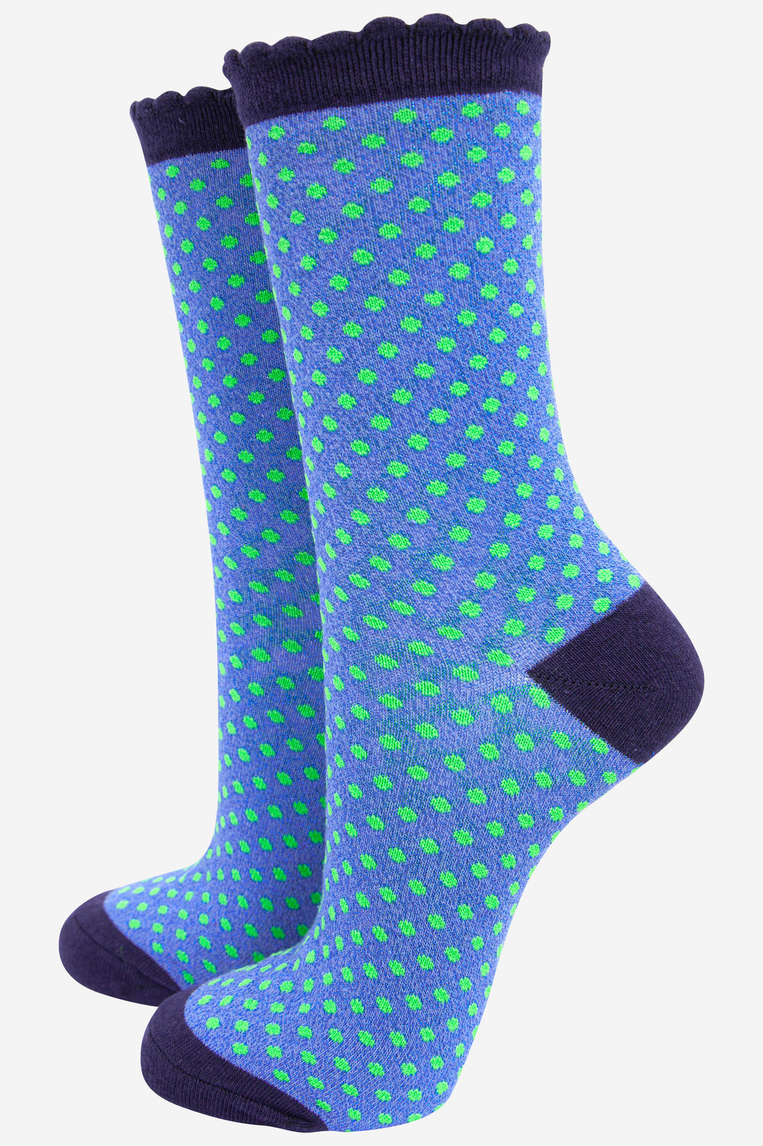 blue glitter ankle socks with mini green polka dot spots and a navy blue scalloped top