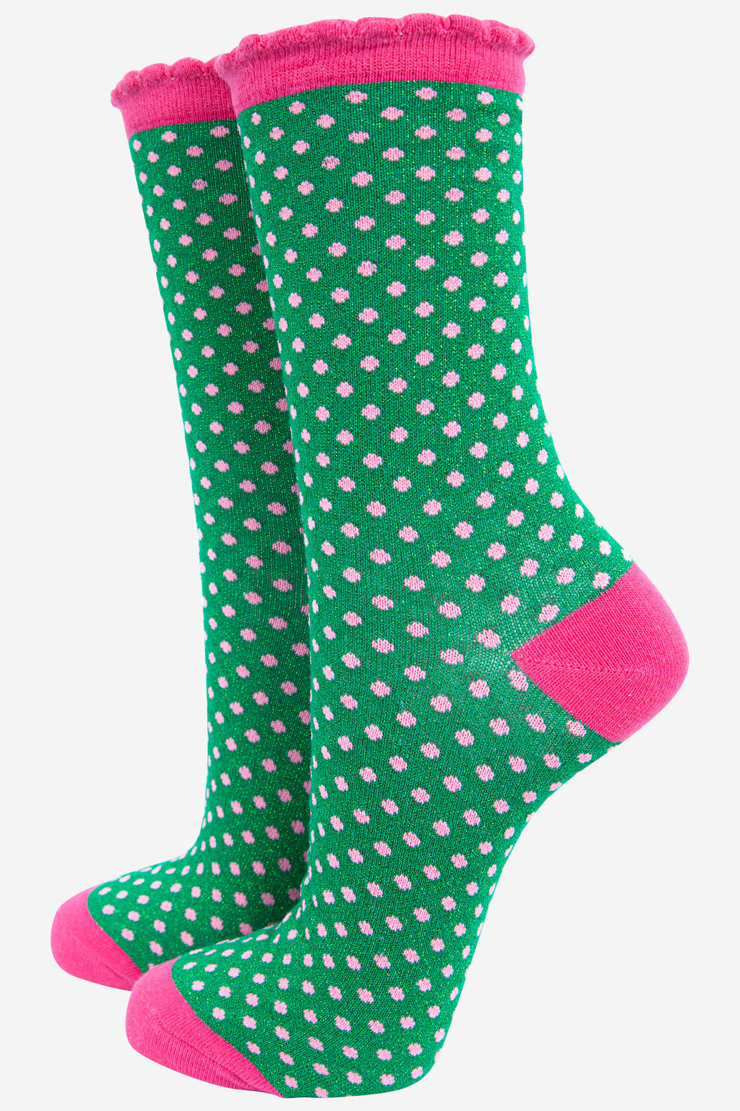 green glitter ankle socks with a pink scalloped top and an all over pink polka dot pattern
