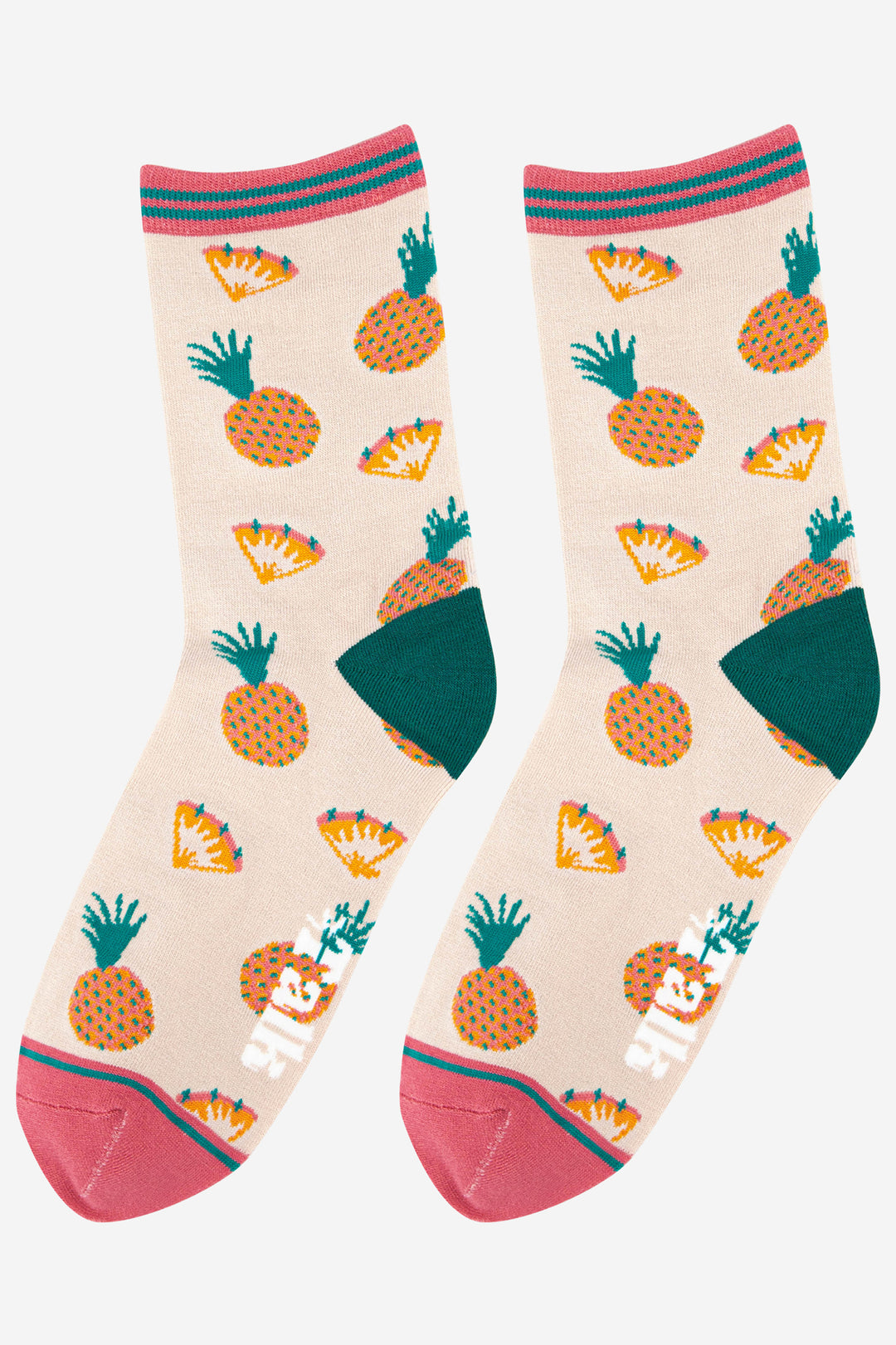womens tropical pineapple bamboo ankle socks in pink, cream and green